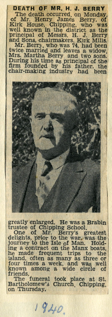 Death of Mr H J Berry Aug 26th 1940